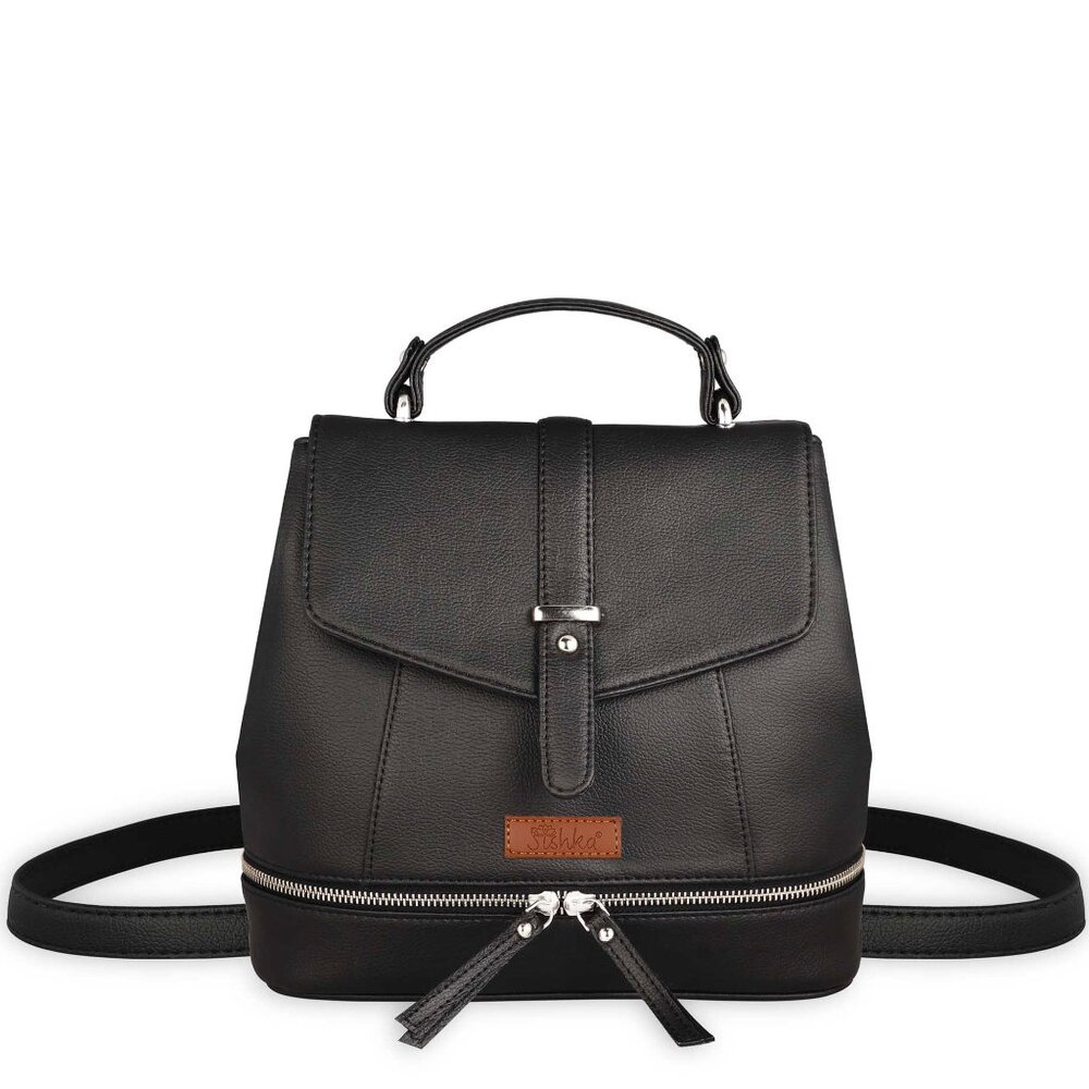 Women’s Black Vegan/PU Leather Backpack – Stylish Daypack with Top Handle